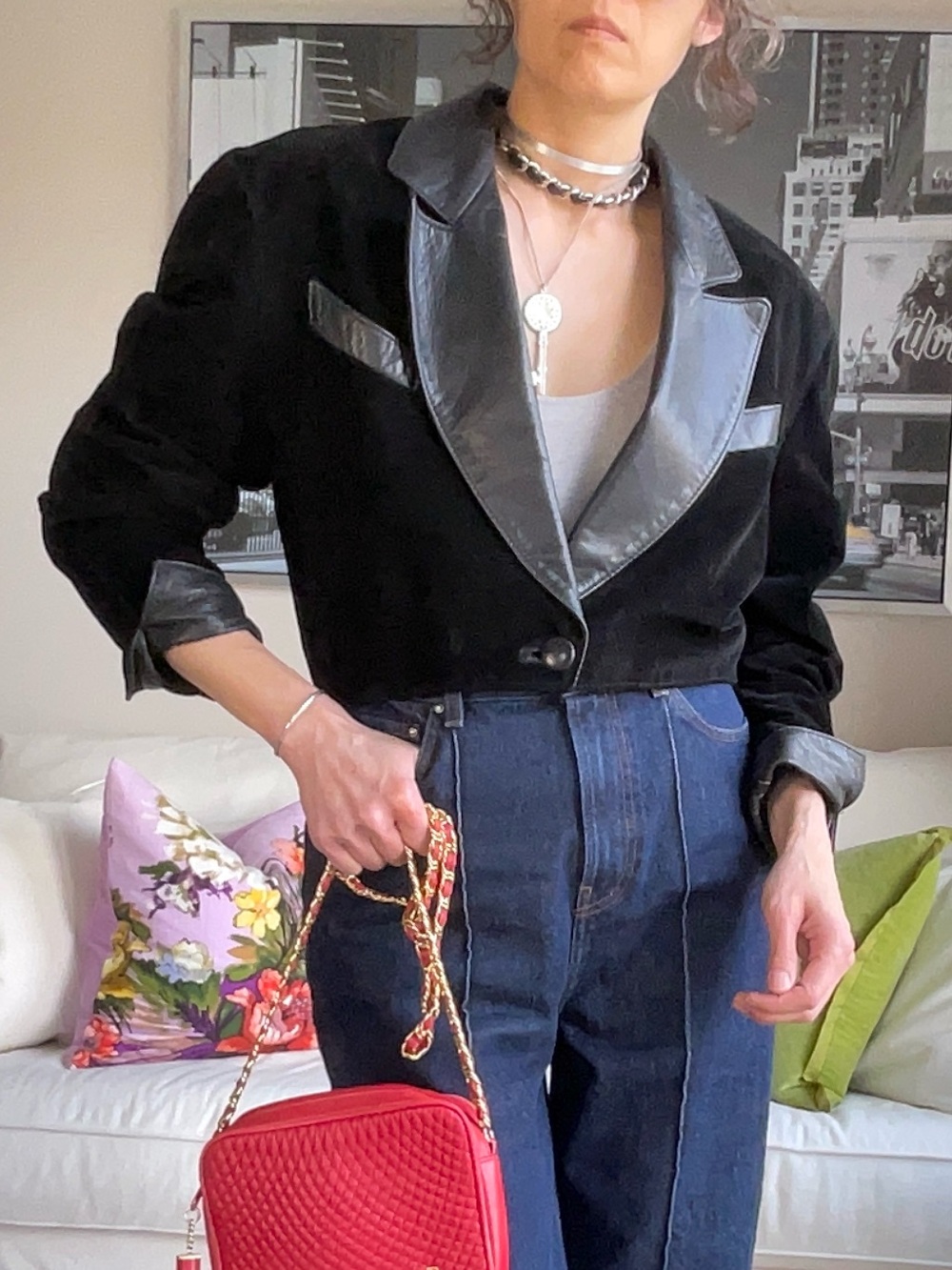 Danier black leather and suede cropped peaked lapel jacket